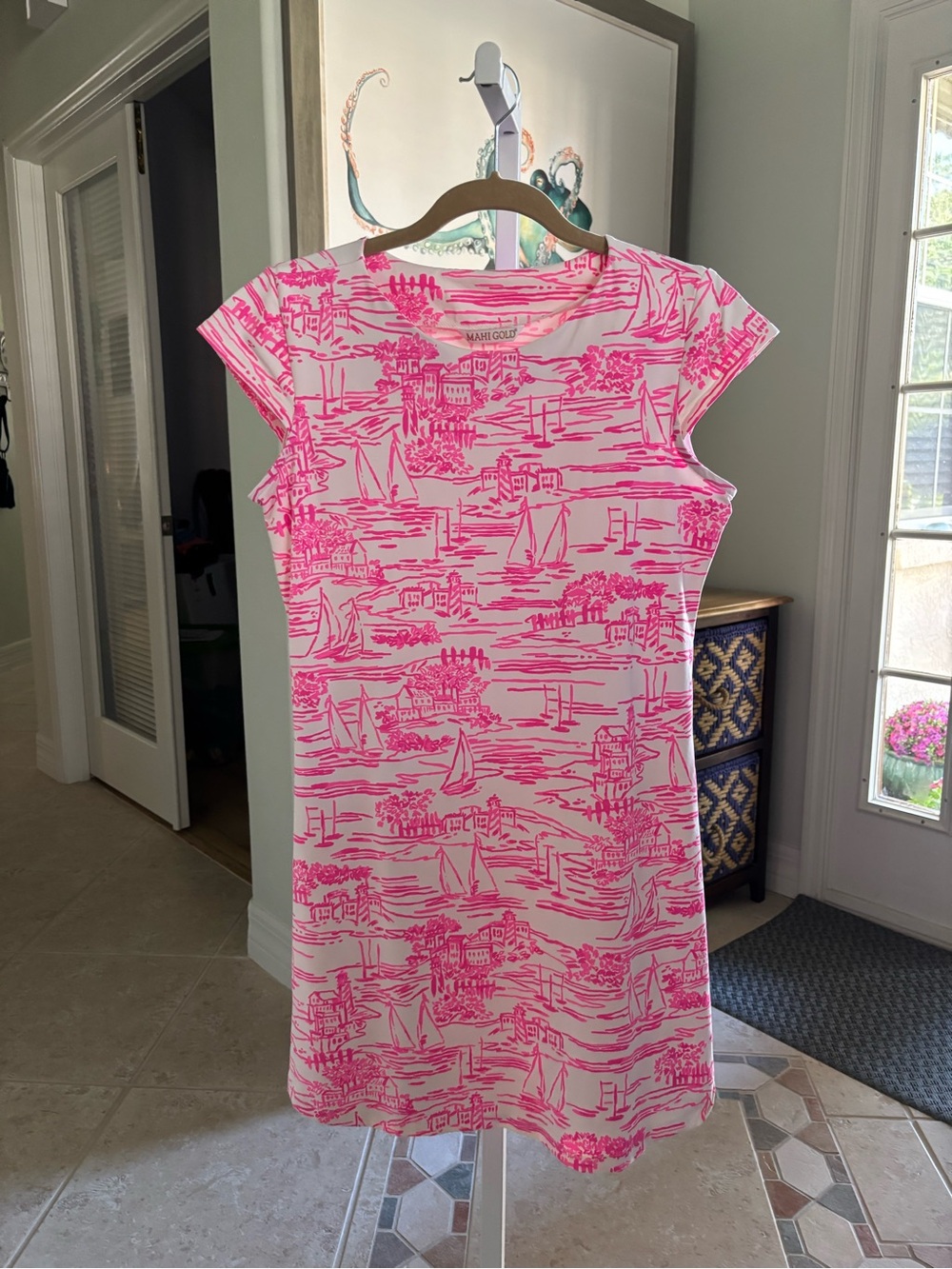 #061 MAHI GOLD White Dress with Hot Pink Scenic Print